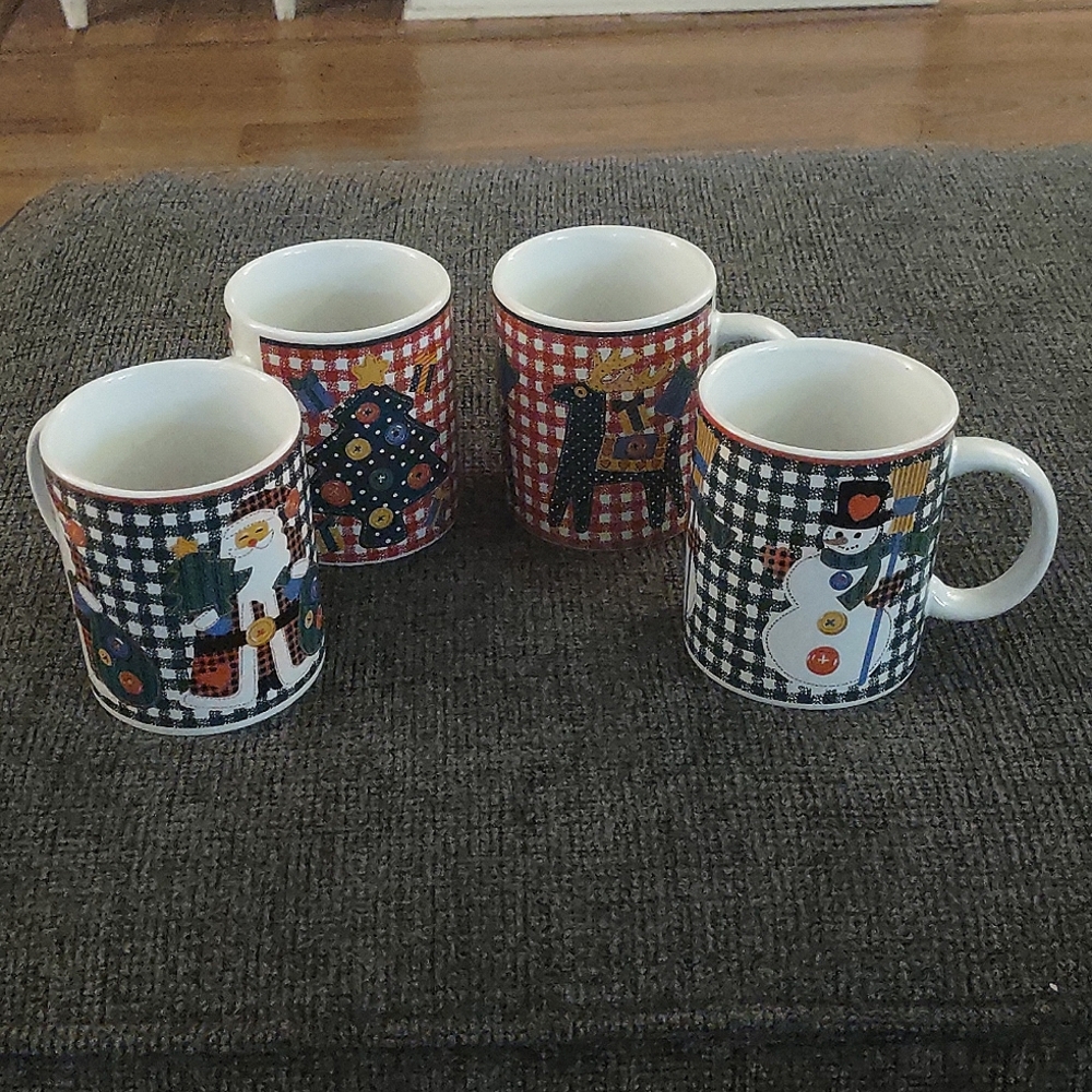 Vintage Set Christmas Gingham Coffee Mugs Riviera Van Beers
